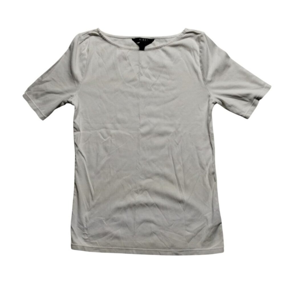Lauren Ralph Lauren Womens Knit Top Boat Neck Short Sleeve Tee Shirt White L
